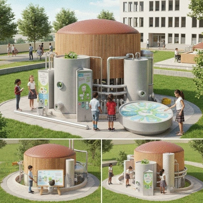 Biogas plant in a school setting with students engaged