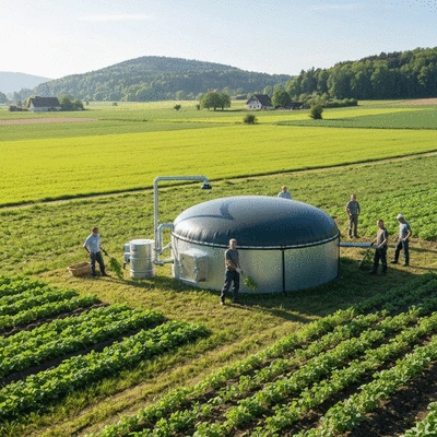 Farmers working with a biogas digester